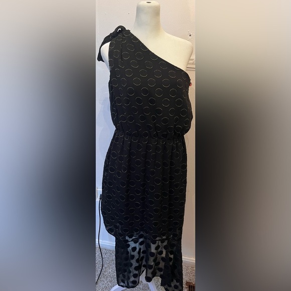 Monique Lhullier Metallic Dot Dress Size 12 Black Silver One Shoulder - Picture 2 of 5